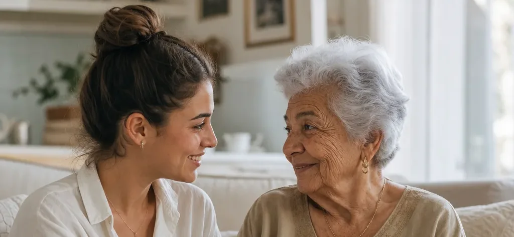 צעירה מחייכת לקשישה ומחזיקה את ידה על ספה בסלון