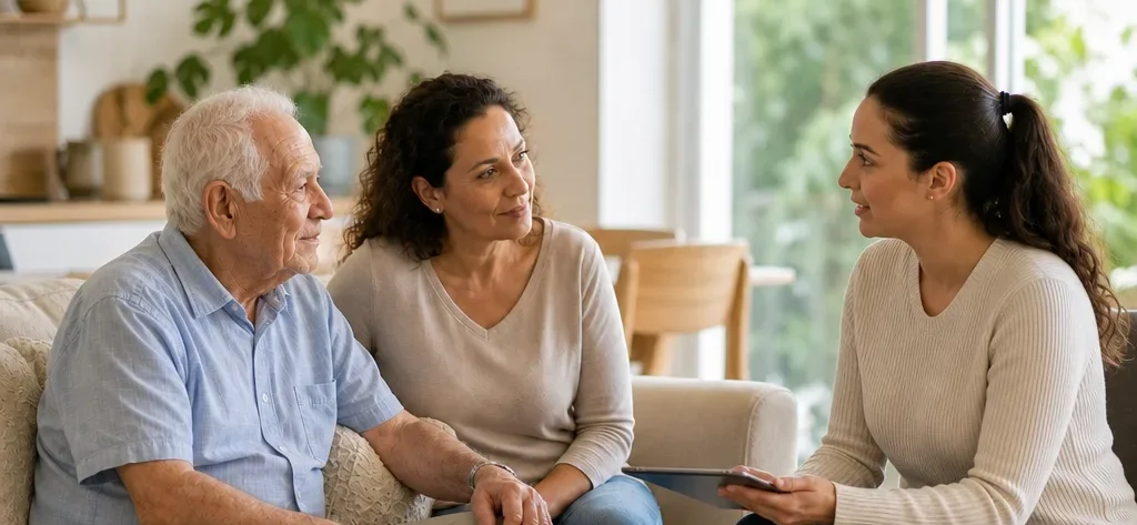 יועצת משוחחת עם קשיש ובתו בסלון הבית על אפשרויות הטיפול הסיעודי